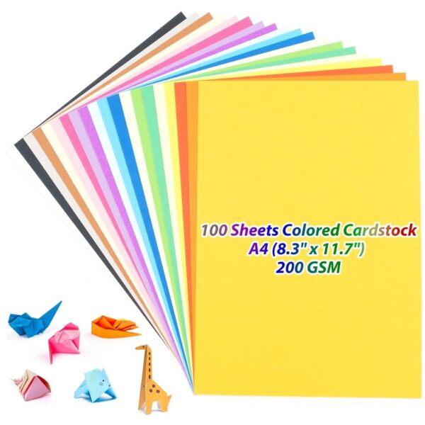 Lot de 100 feuilles de papier cartonné coloré A4 200 g/m² – 20 couleurs assorties