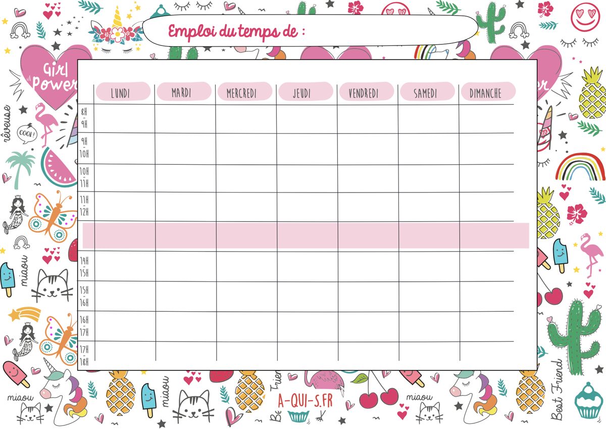 Modèle coloré d'emploi du temps à imprimer avec motif licorne