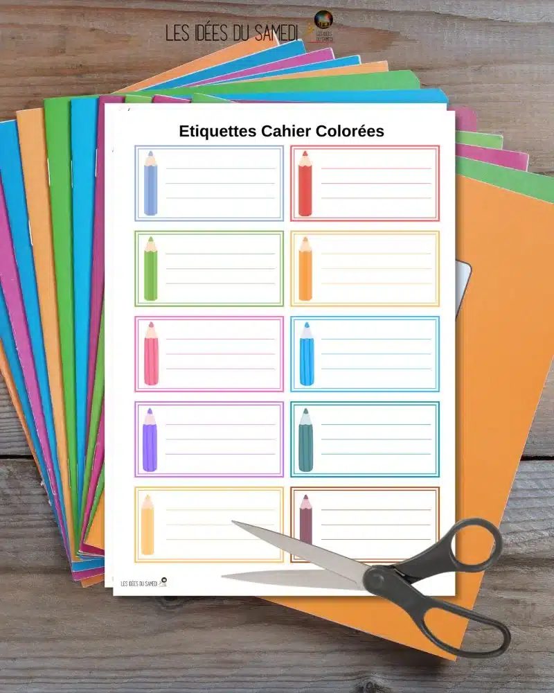 Planche d'étiquettes de cahier colorées à imprimer et découper aux ciseaux