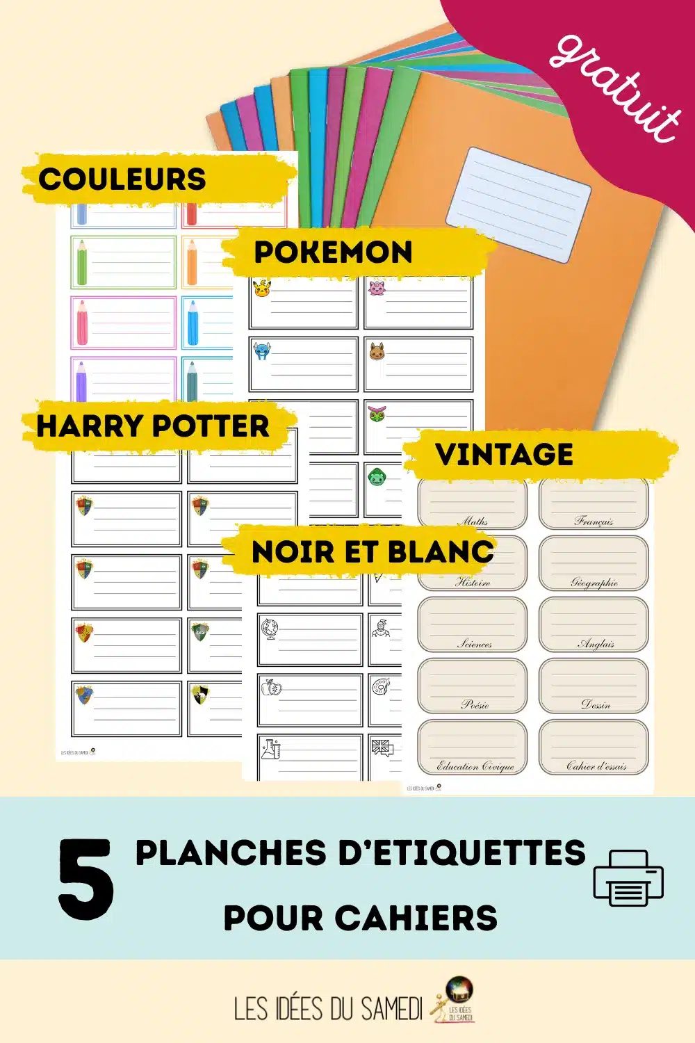 Cinq planches d'étiquettes de cahiers gratuites à imprimer