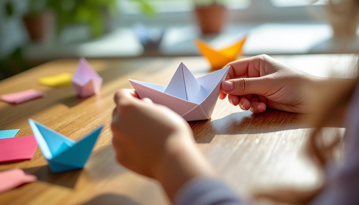 Mains qui terminent le pliage d'un bateau en papier blanc sur une table
