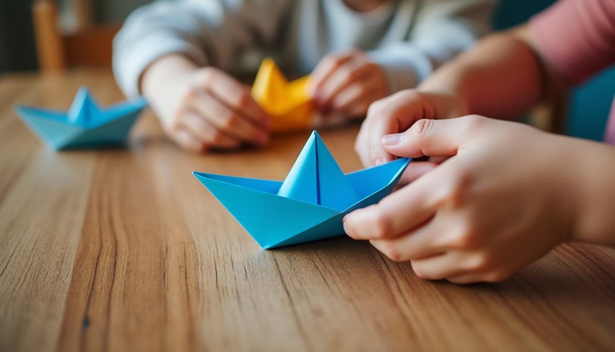 Un enfant et un adulte plient ensemble des bateaux en papier bleus