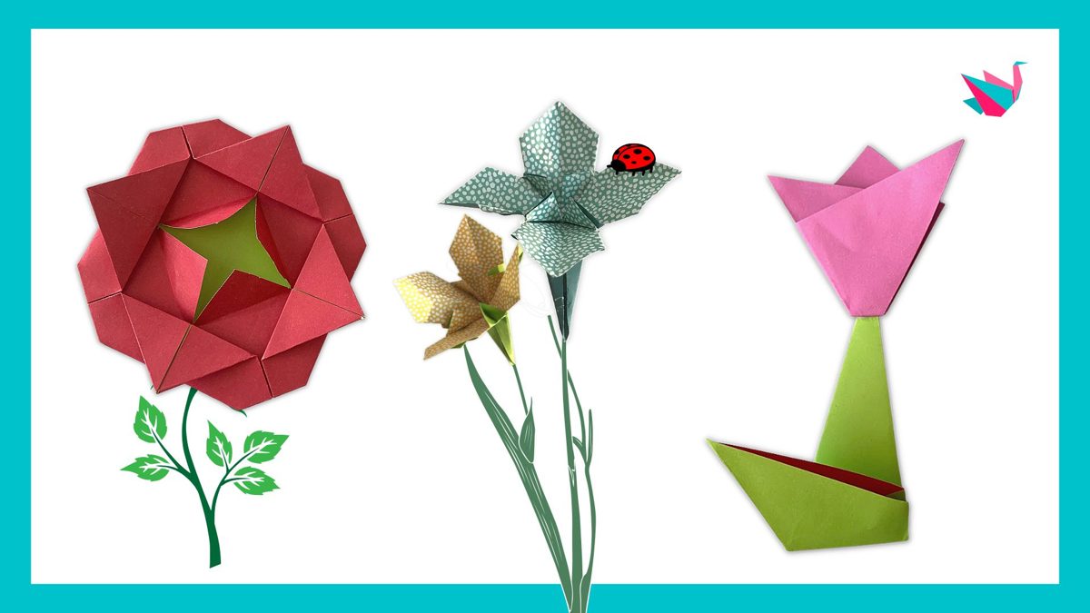 Trois fleurs en origami : une rose, un lys et une tulipe en papier