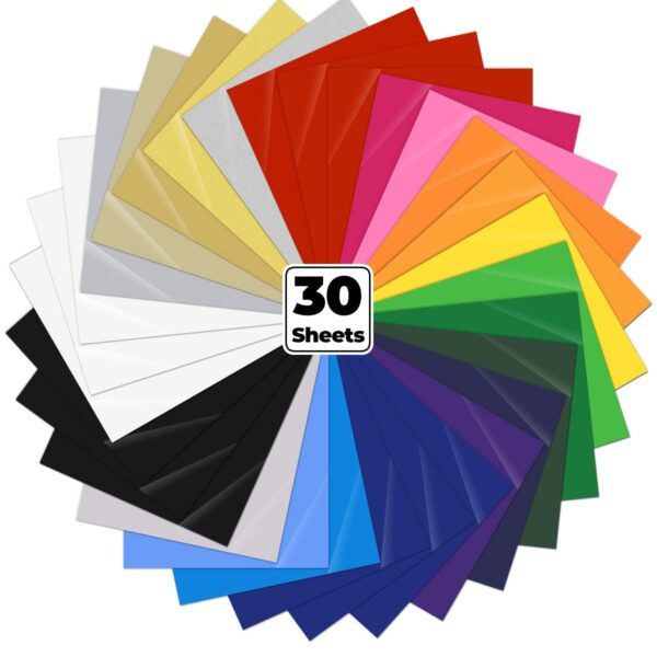 Ohuhu Vinyle thermocollant flex — 30 feuilles, 22 couleurs (30,5 × 25,4 cm), compatible machines de découpe