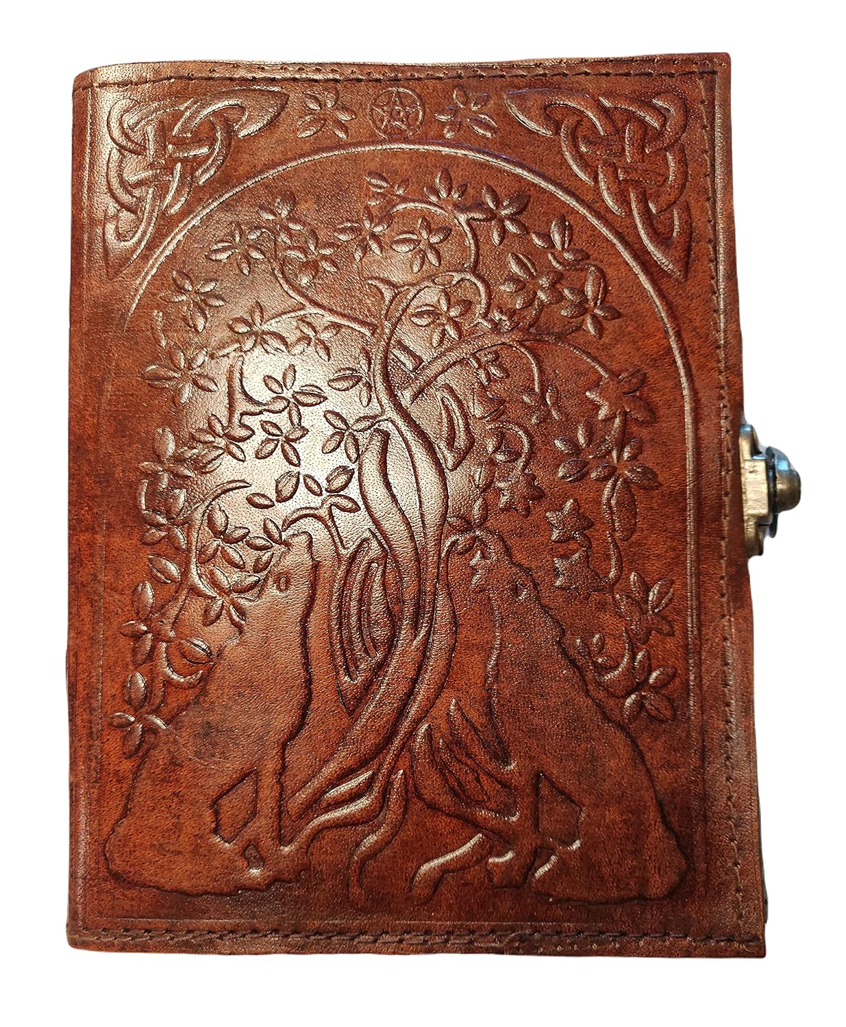 Kooly Zen – Carnet vintage en cuir véritable, motif loup & arbre de vie, 13 x 17 cm, 240 pages
