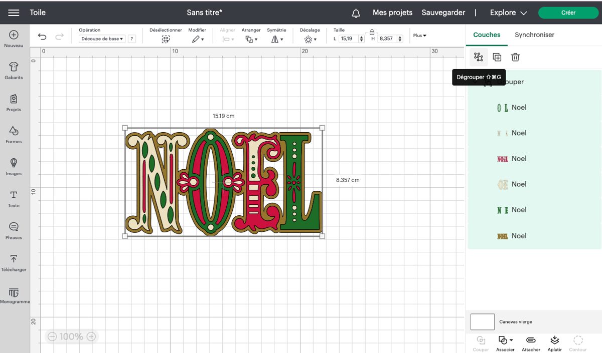 Interface de Cricut Design Space : la Toile, la barre d Operation et le panneau des Couches