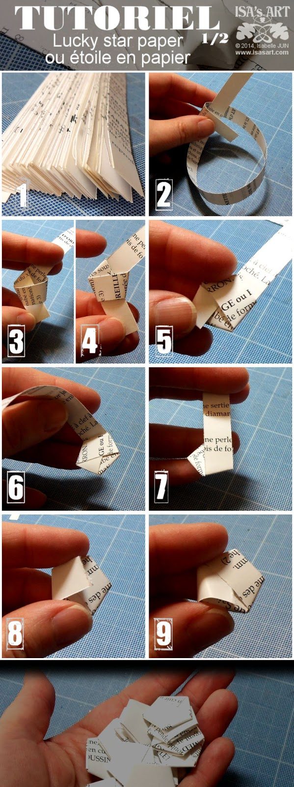 Étapes pour plier une petite étoile 3D porte-bonheur à partir d une bande de papier