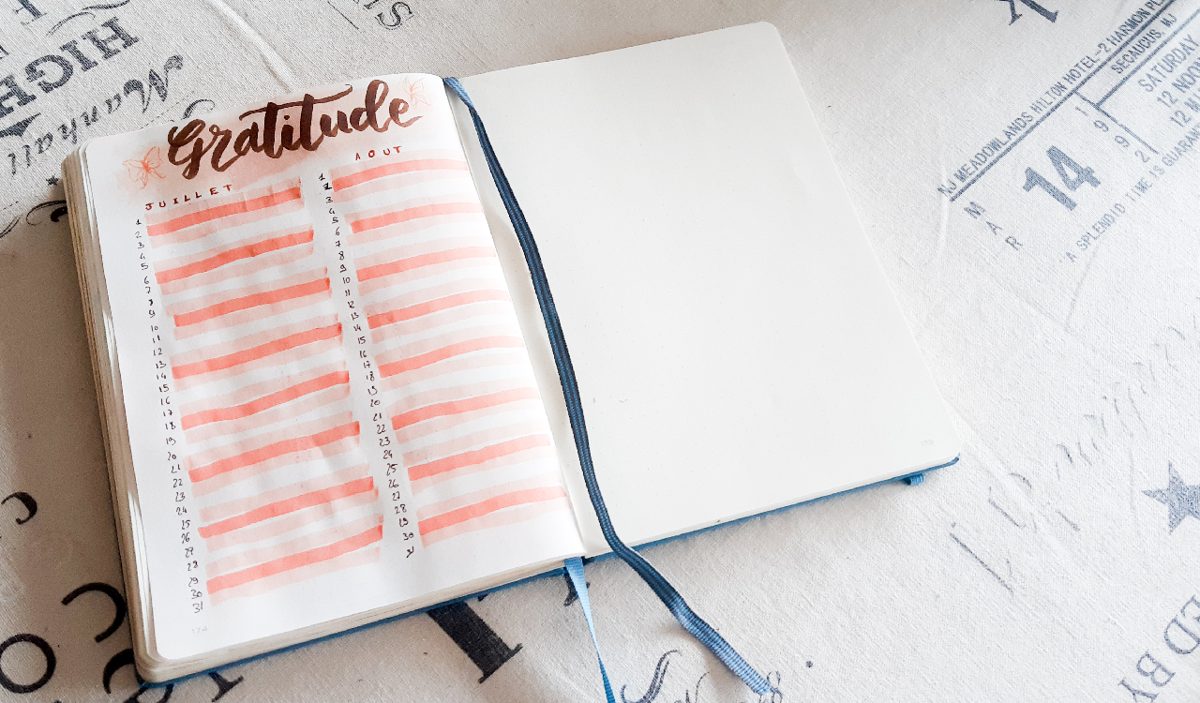 Double page de gratitude manuscrite dans un carnet, exemple de mise en page