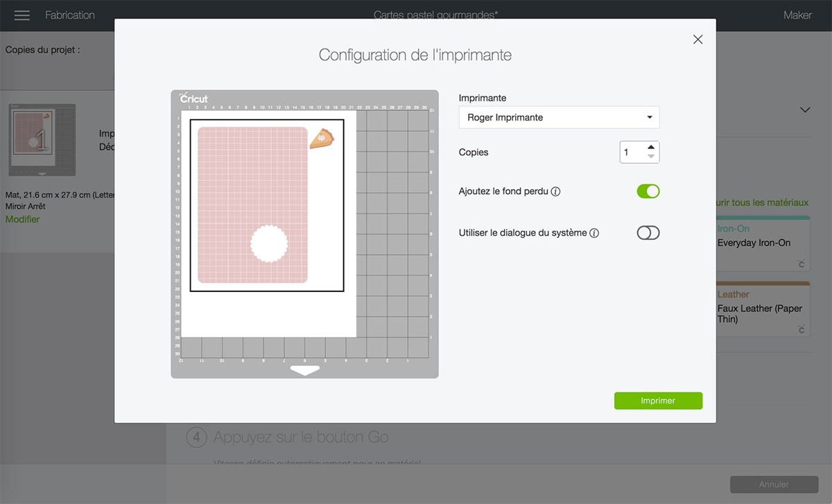 Fenêtre impression Cricut : option Ajoutez le fond perdu et repères noirs autour du motif
