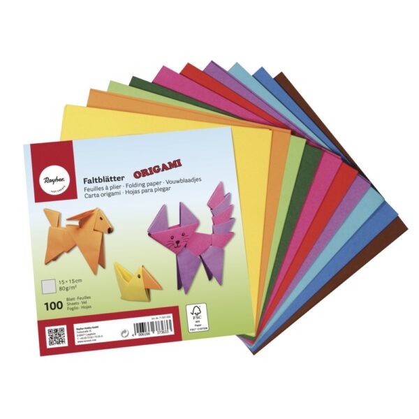 Rayher Papier Origami 100 feuilles 15x15 cm — 10 couleurs, 80 g/m², double face FSC