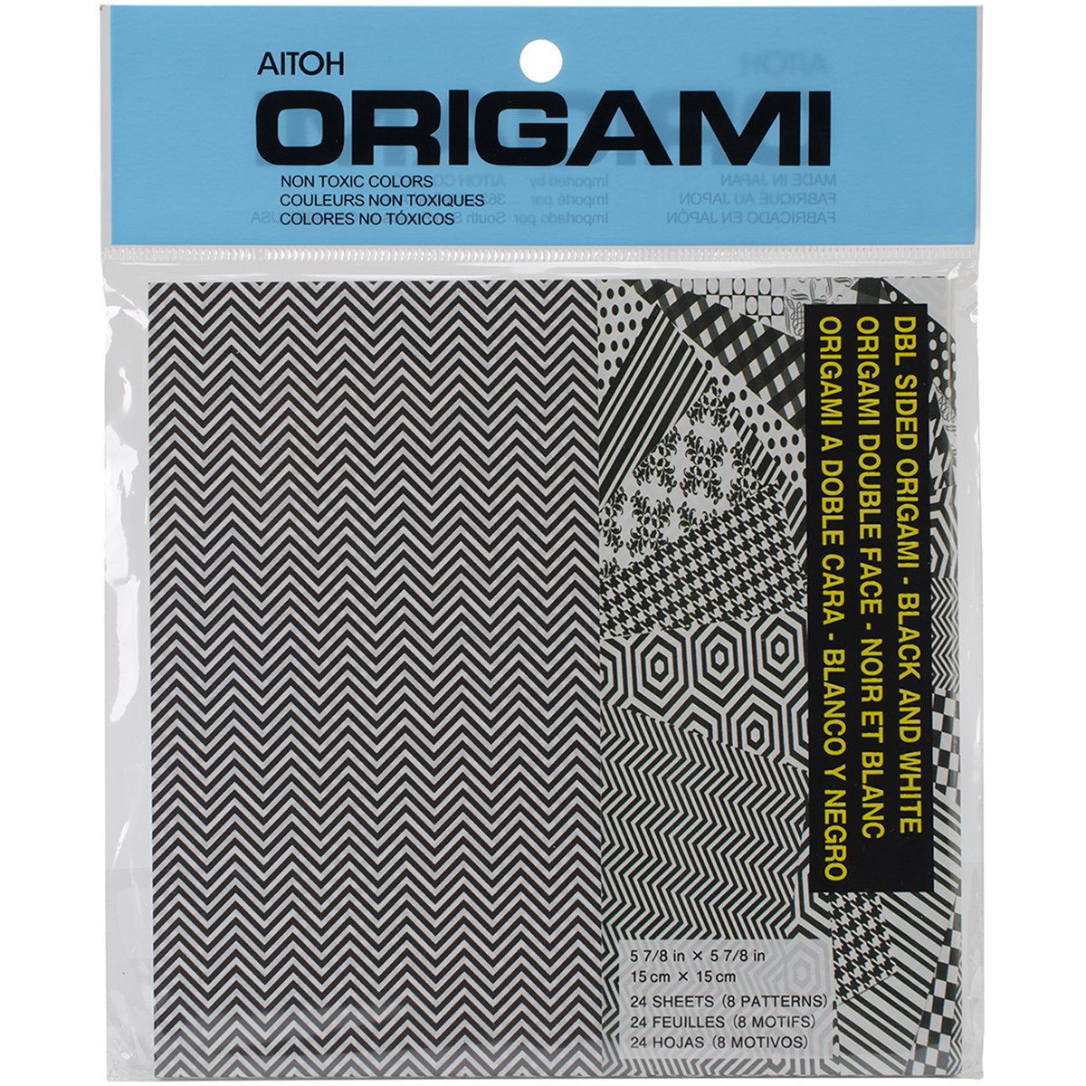 Aitoh Papier Origami Noir & Blanc 24 feuilles 15x15 cm — 8 motifs double face