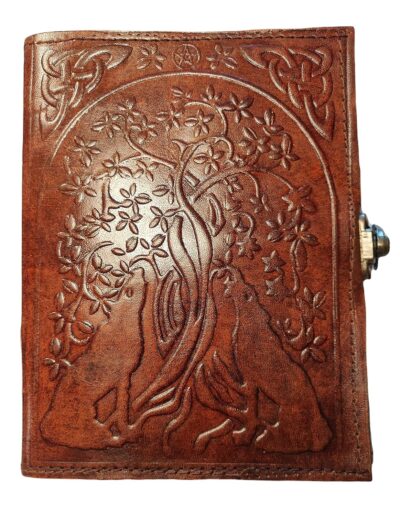 Kooly Zen – Carnet vintage en cuir véritable, motif loup & arbre de vie, 13 x 17 cm, 240 pages