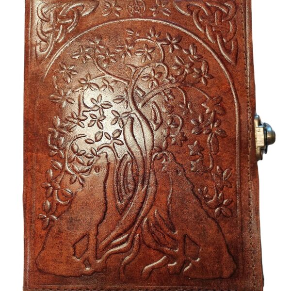Kooly Zen – Carnet vintage en cuir véritable, motif loup & arbre de vie, 13 x 17 cm, 240 pages