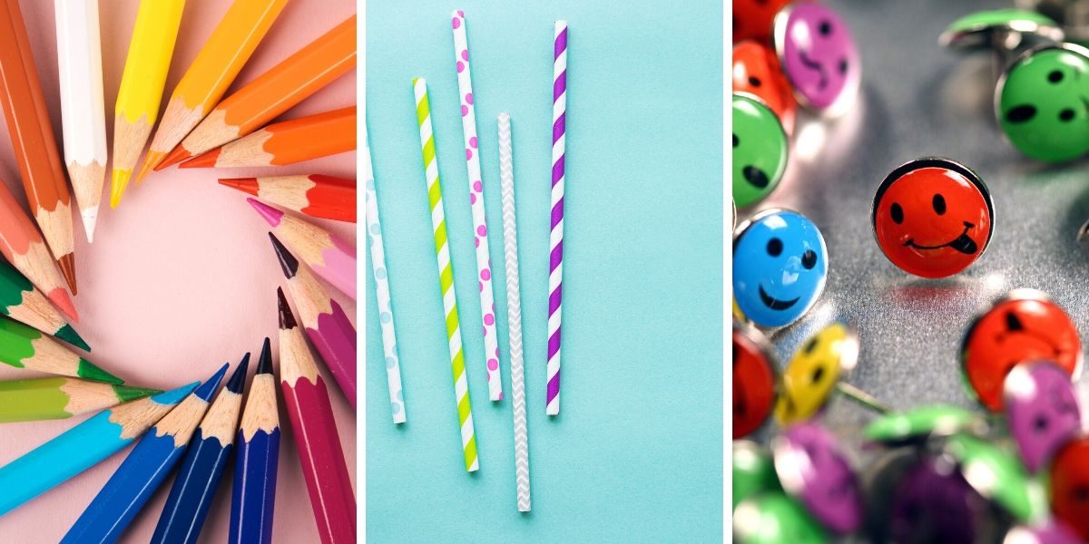 Materiel pour fabriquer un moulin a vent : crayons de couleur, pailles et attaches parisiennes