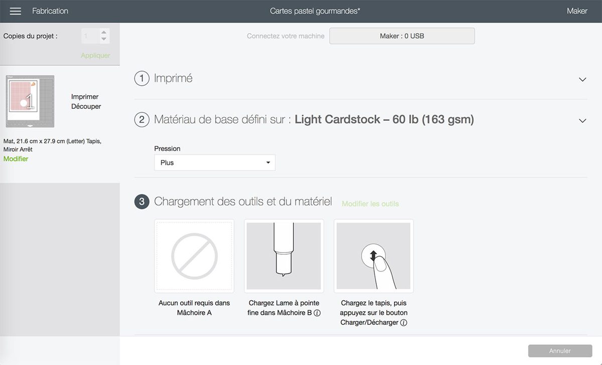 Réglage du matériau Light Cardstock et chargement du tapis pour la découpe