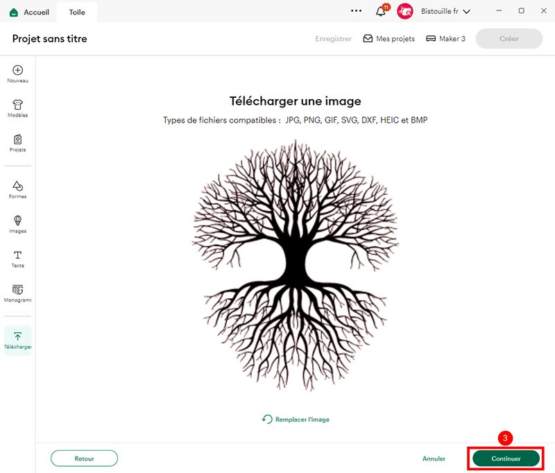 Écran de téléversement d'un fichier SVG dans Cricut Design Space