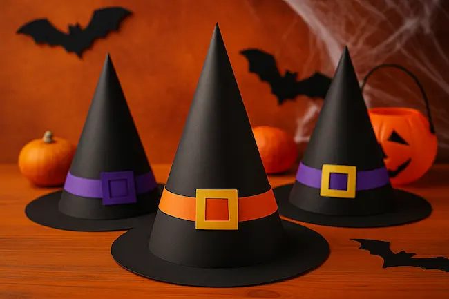 Trois chapeaux de sorciere en papier noir decores de bandes et boucles colorees, poses sur une table pour Halloween