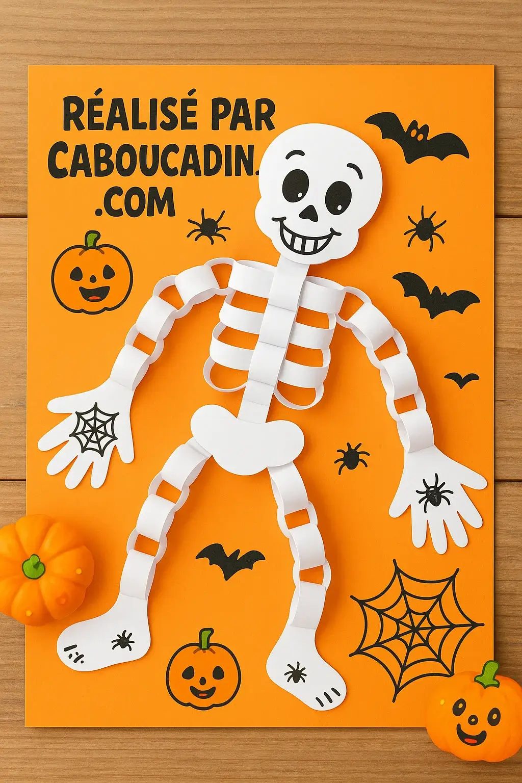 Squelette d’Halloween fait de bandes de papier pliées, sur fond orange