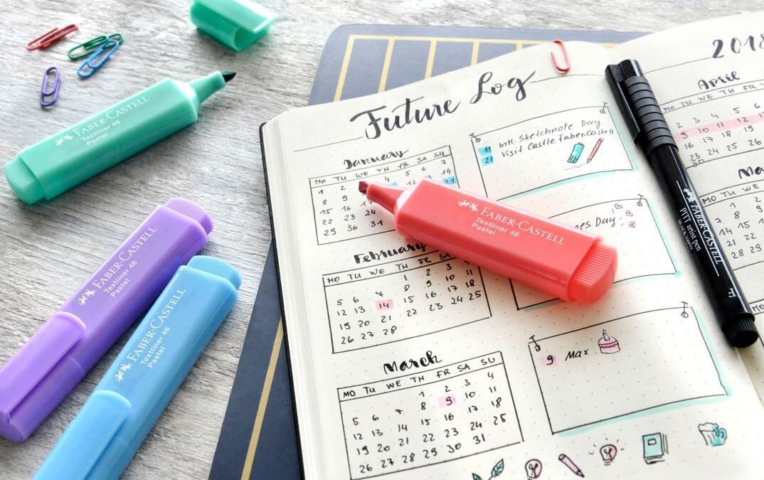 Double page future log d'un bullet journal avec surligneurs colorés