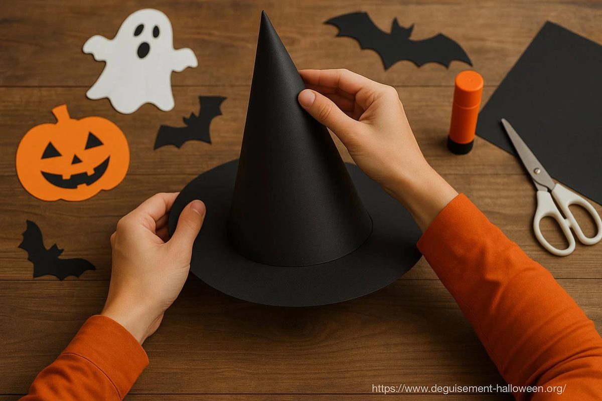 Mains assemblant un chapeau de sorcière en papier noir, cône et bord, au milieu du matériel : colle, ciseaux et papier