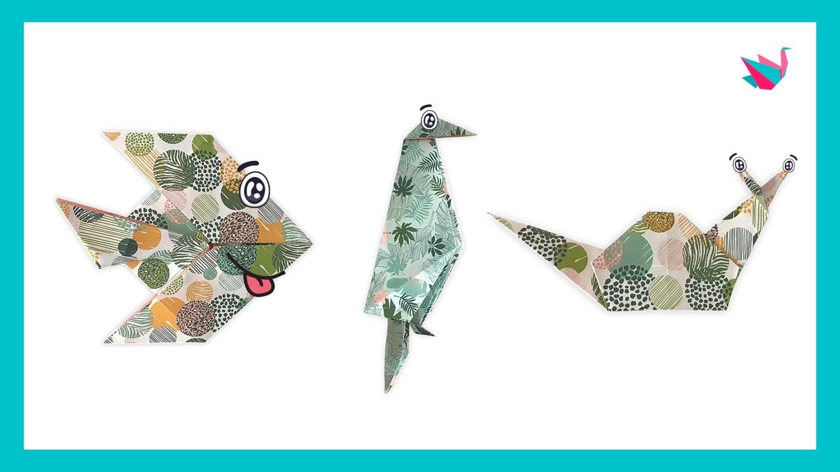 Un poisson, un oiseau et un escargot en origami réalisés en papier à motifs verts