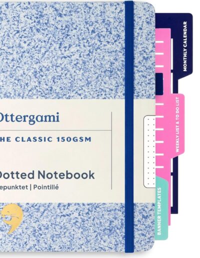 Ottergami The Classic Carnet Pointillé A5 Bleu Moucheté – Bullet Journal 192 Pages, Papier 150 g/m², 3 Pochoirs Inclus