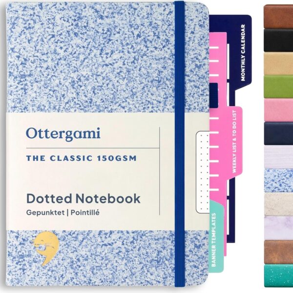 Ottergami The Classic Carnet Pointillé A5 Bleu Moucheté – Bullet Journal 192 Pages, Papier 150 g/m², 3 Pochoirs Inclus