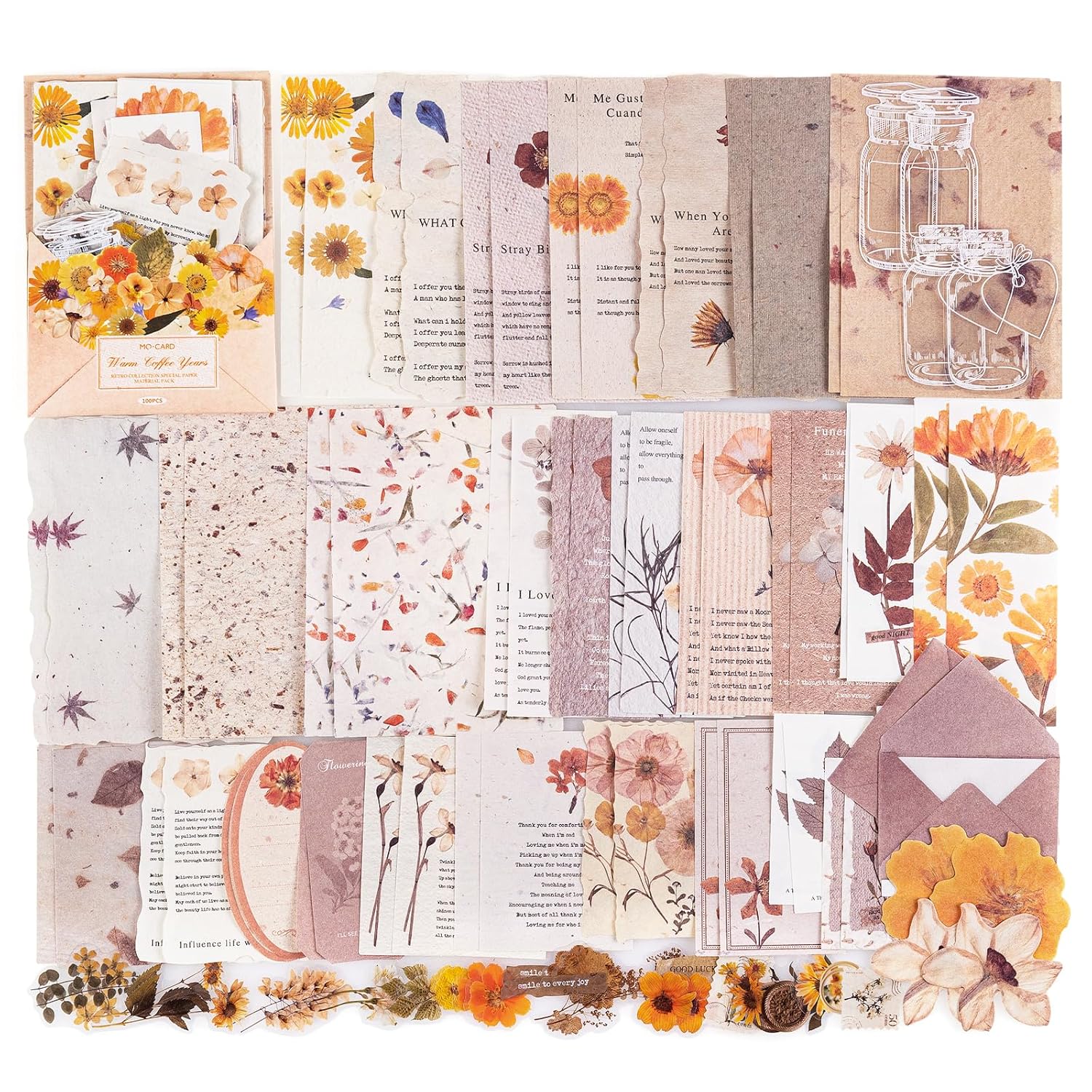 RISYPISY Kit de scrapbooking floral beige – 100 pièces (papier + autocollants)