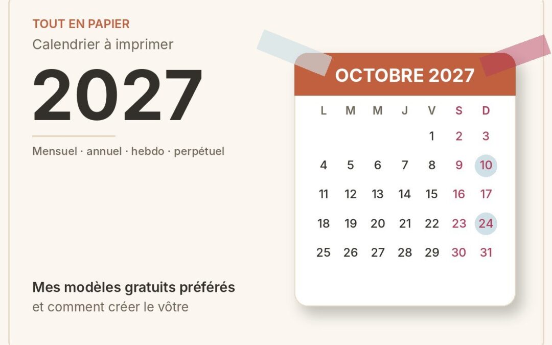 Calendrier 2027 à imprimer : page mensuelle d'octobre avec washi tape, sur fond crème